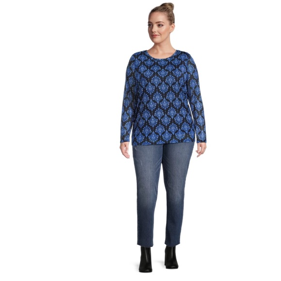 PLUS - TERRA & SKY Blue Pattern Chic Mesh Crewneck Top NWT - Picture 4 of 13